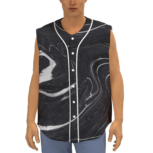 Black White Liquid Marble Print Sleeveless Baseball Jersey