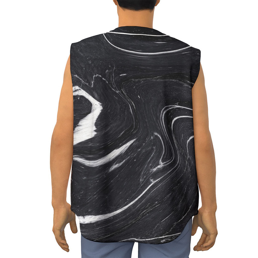 Black White Liquid Marble Print Sleeveless Baseball Jersey