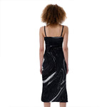 Black White Liquid Marble Print Slim Fit Midi Cami Dress