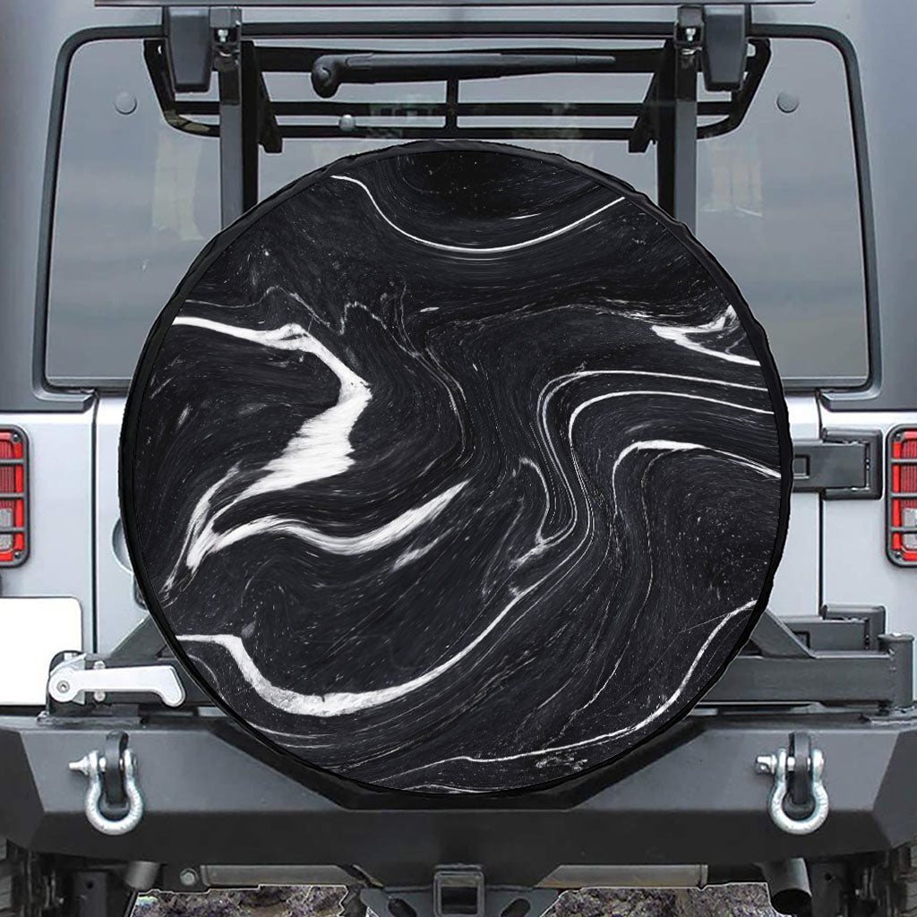 Black White Liquid Marble Print Tire Cover