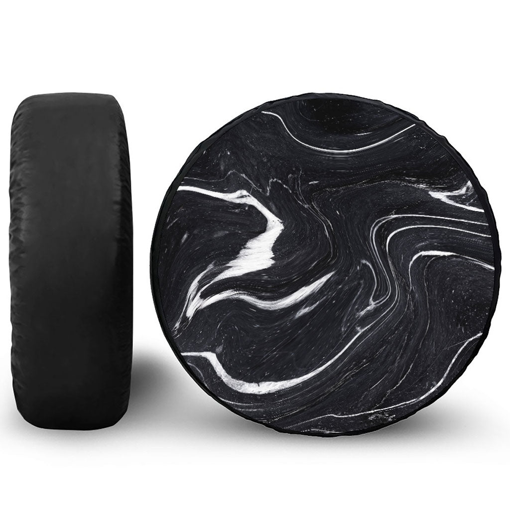 Black White Liquid Marble Print Tire Cover