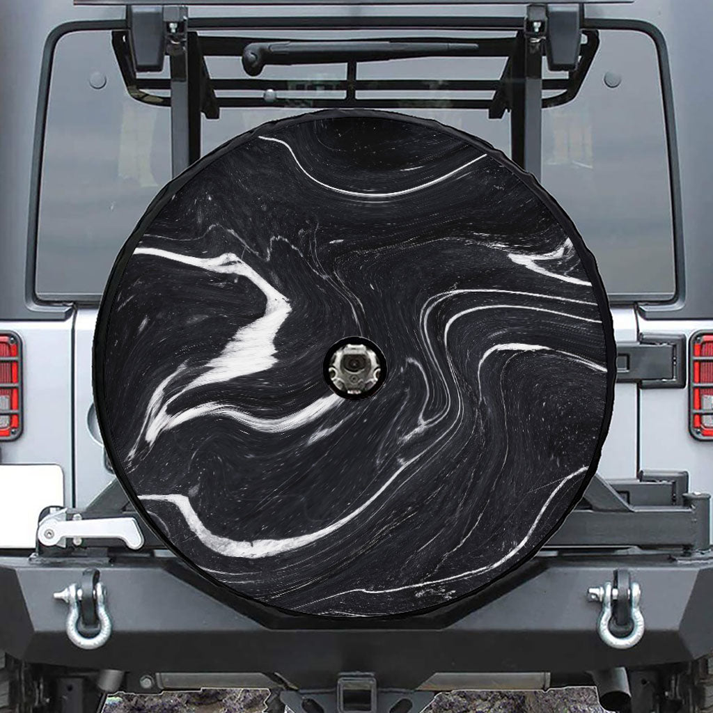 Black White Liquid Marble Print Tire Cover With Camera Hole
