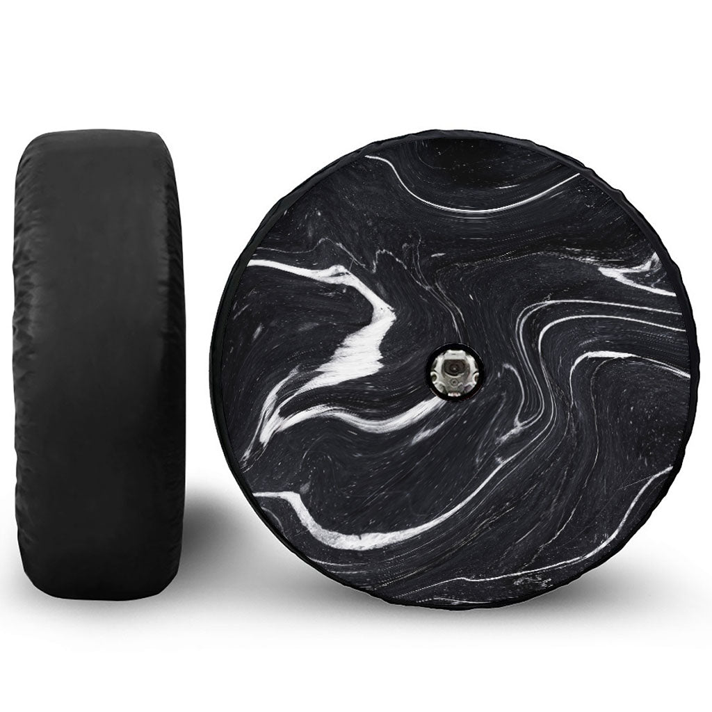 Black White Liquid Marble Print Tire Cover With Camera Hole