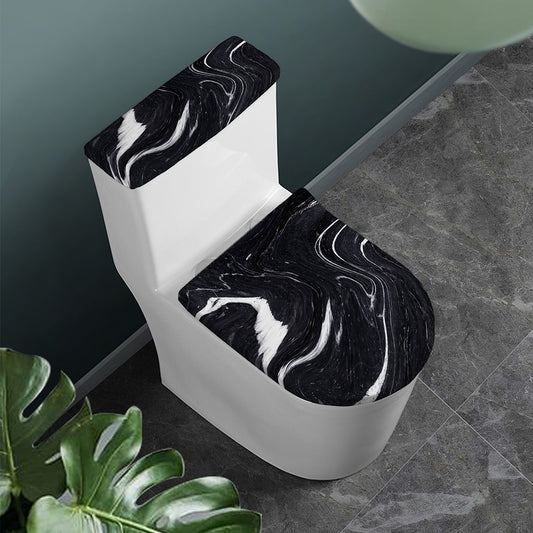 Black White Liquid Marble Print Toilet Lid And Tank Cover Set