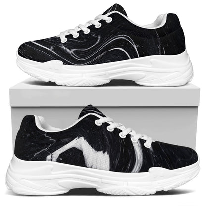 Black White Liquid Marble Print White Chunky Shoes