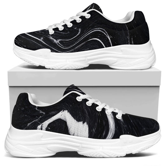 Black White Liquid Marble Print White Chunky Shoes