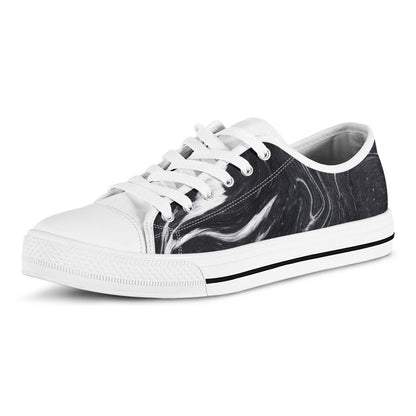 Black White Liquid Marble Print White Low Top Sneakers