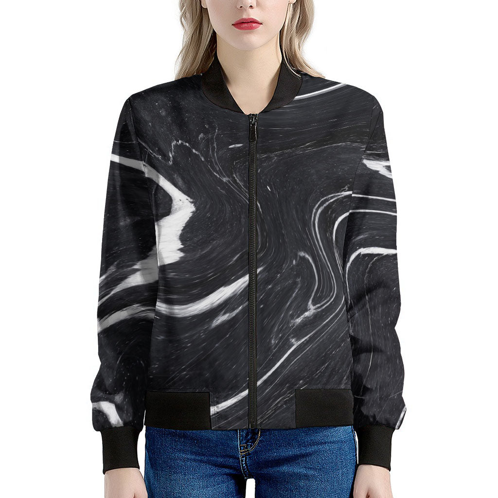 Black White Liquid Marble Print Women's Bomber Jacket