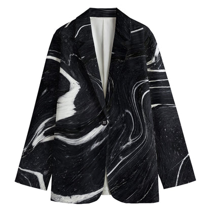 Black White Liquid Marble Print Women's Cotton Blazer