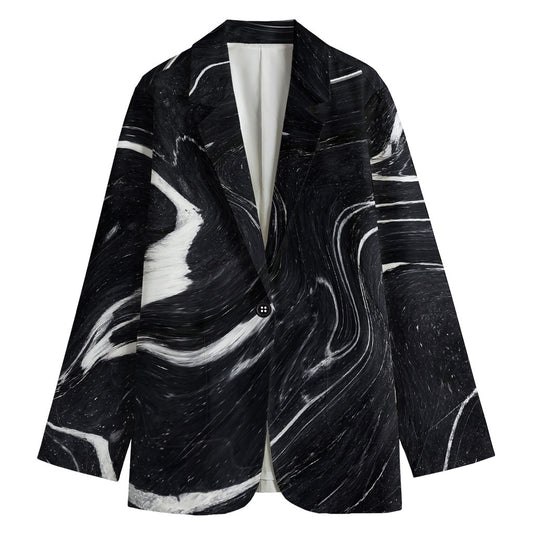 Black White Liquid Marble Print Women's Cotton Blazer