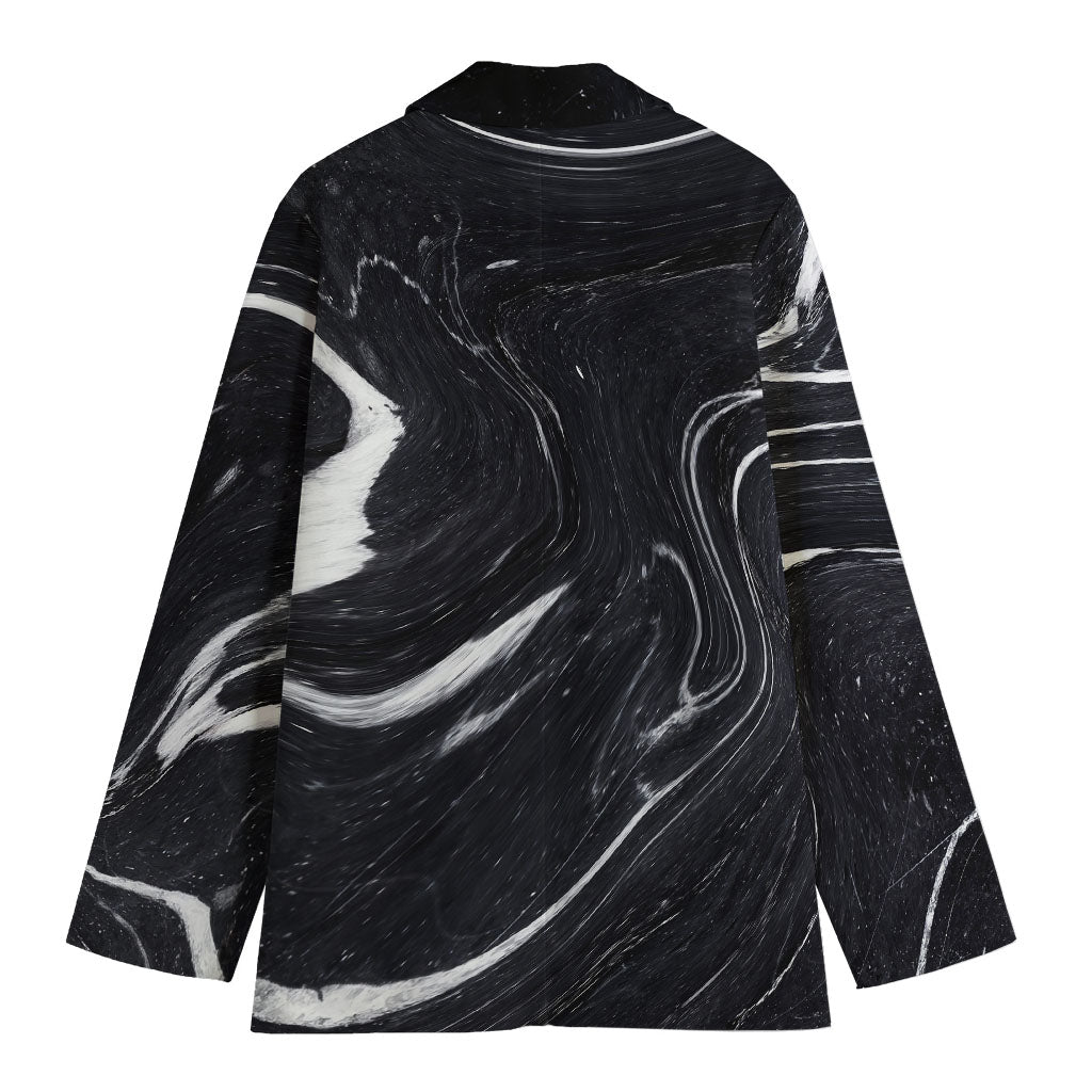 Black White Liquid Marble Print Women's Cotton Blazer
