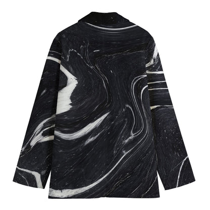 Black White Liquid Marble Print Women's Cotton Blazer