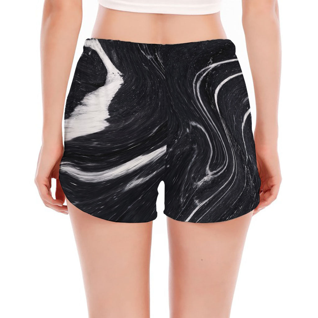 Black White Liquid Marble Print Women's Split Running Shorts