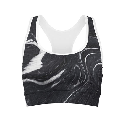 Black White Liquid Marble Print Women's Sports Bra