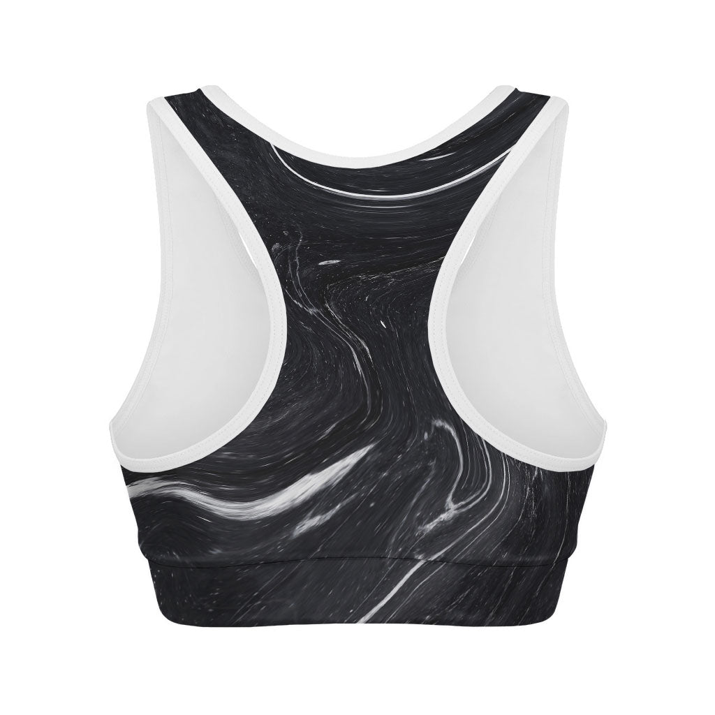 Black White Liquid Marble Print Women's Sports Bra