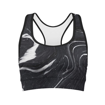 Black White Liquid Marble Print Women's Sports Bra