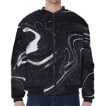 Black White Liquid Marble Print Zip Sleeve Bomber Jacket