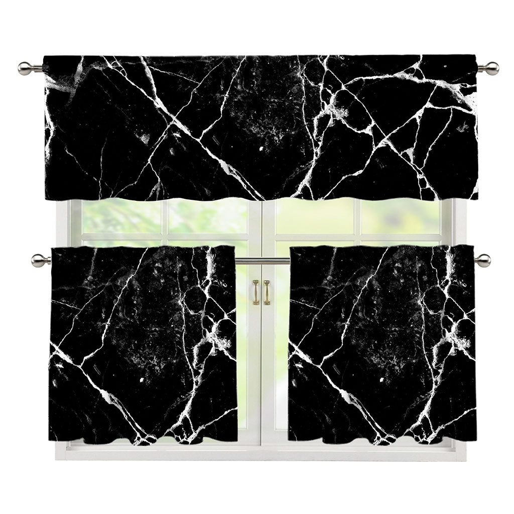 Black White Natural Marble Print 3 Piece Kitchen Curtains