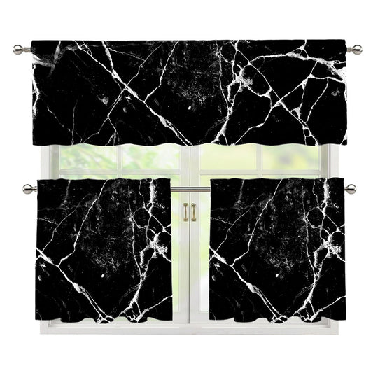 Black White Natural Marble Print 3 Piece Kitchen Curtains