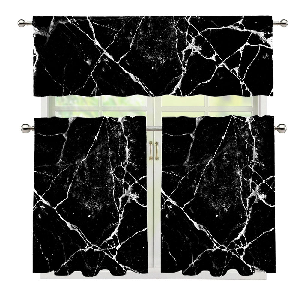 Black White Natural Marble Print 3 Piece Kitchen Curtains