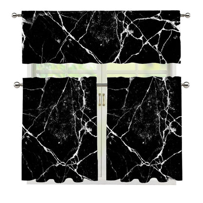 Black White Natural Marble Print 3 Piece Kitchen Curtains