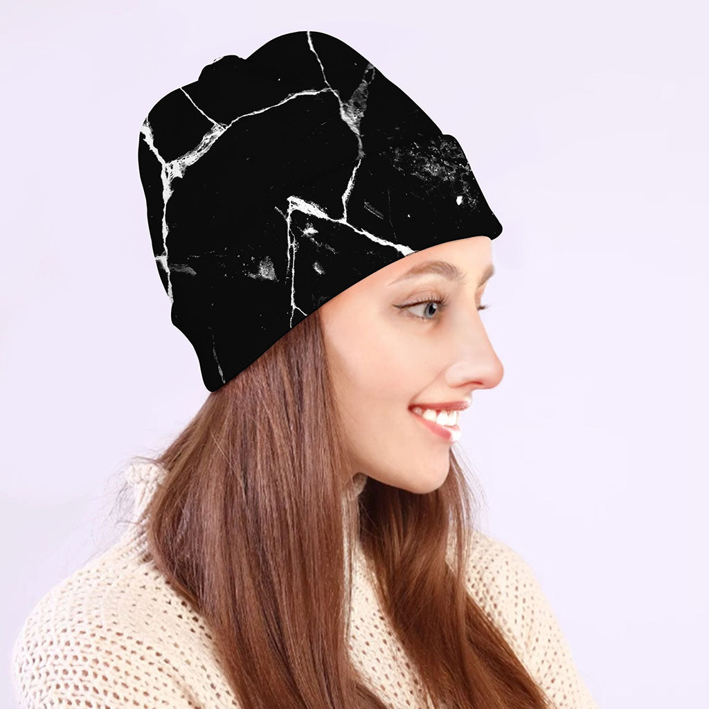 Black White Natural Marble Print Beanie