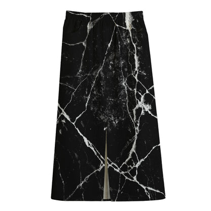 Black White Natural Marble Print Cotton Front Slit Maxi Skirt