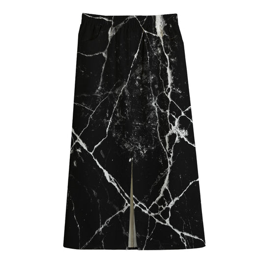 Black White Natural Marble Print Cotton Front Slit Maxi Skirt