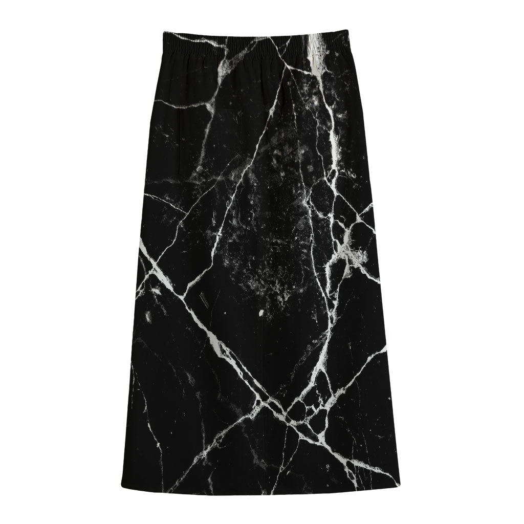 Black White Natural Marble Print Cotton Front Slit Maxi Skirt