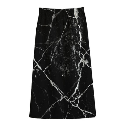 Black White Natural Marble Print Cotton Front Slit Maxi Skirt