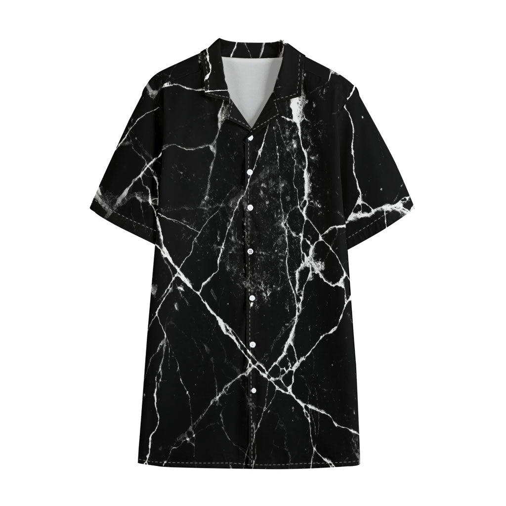 Black White Natural Marble Print Cotton Hawaiian Shirt
