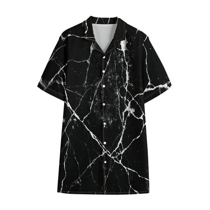 Black White Natural Marble Print Cotton Hawaiian Shirt