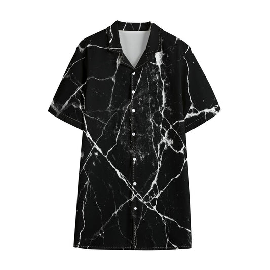 Black White Natural Marble Print Cotton Hawaiian Shirt