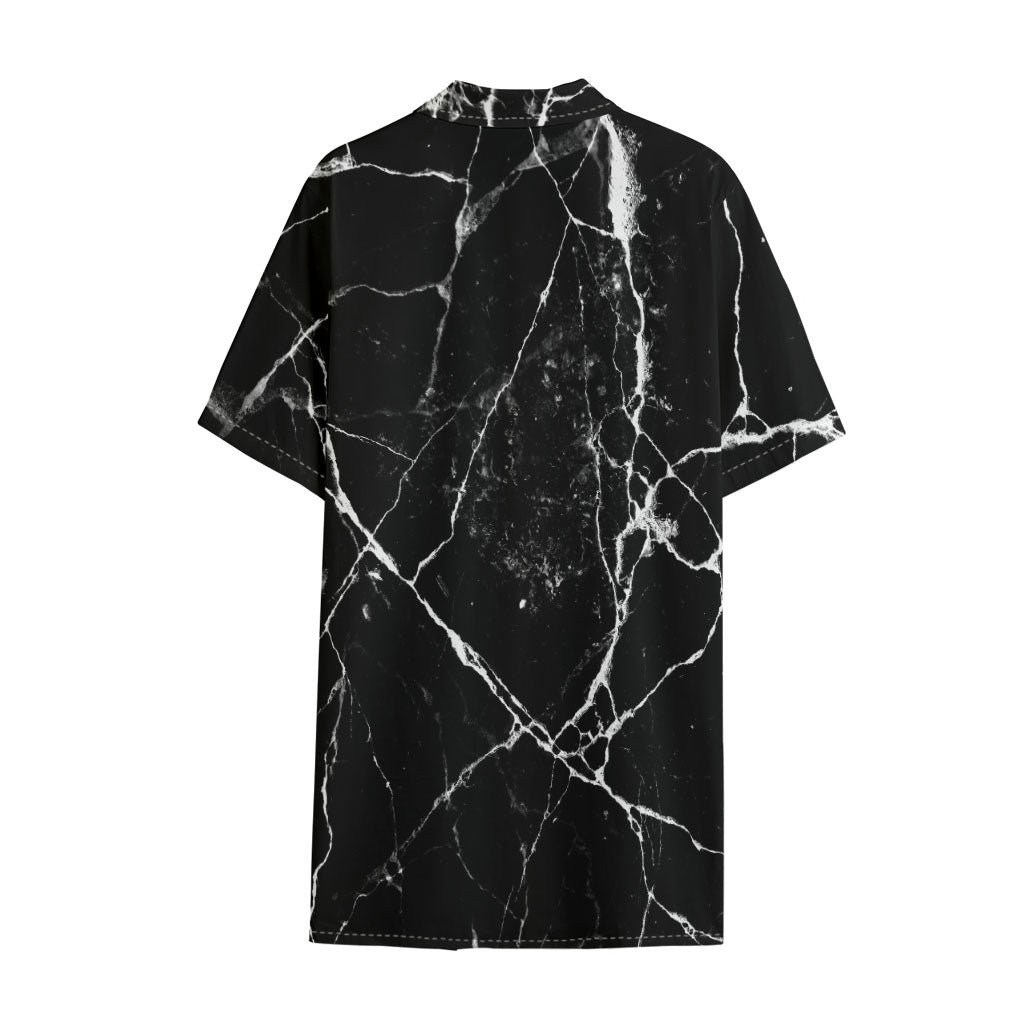 Black White Natural Marble Print Cotton Hawaiian Shirt