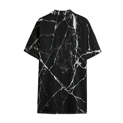 Black White Natural Marble Print Cotton Hawaiian Shirt