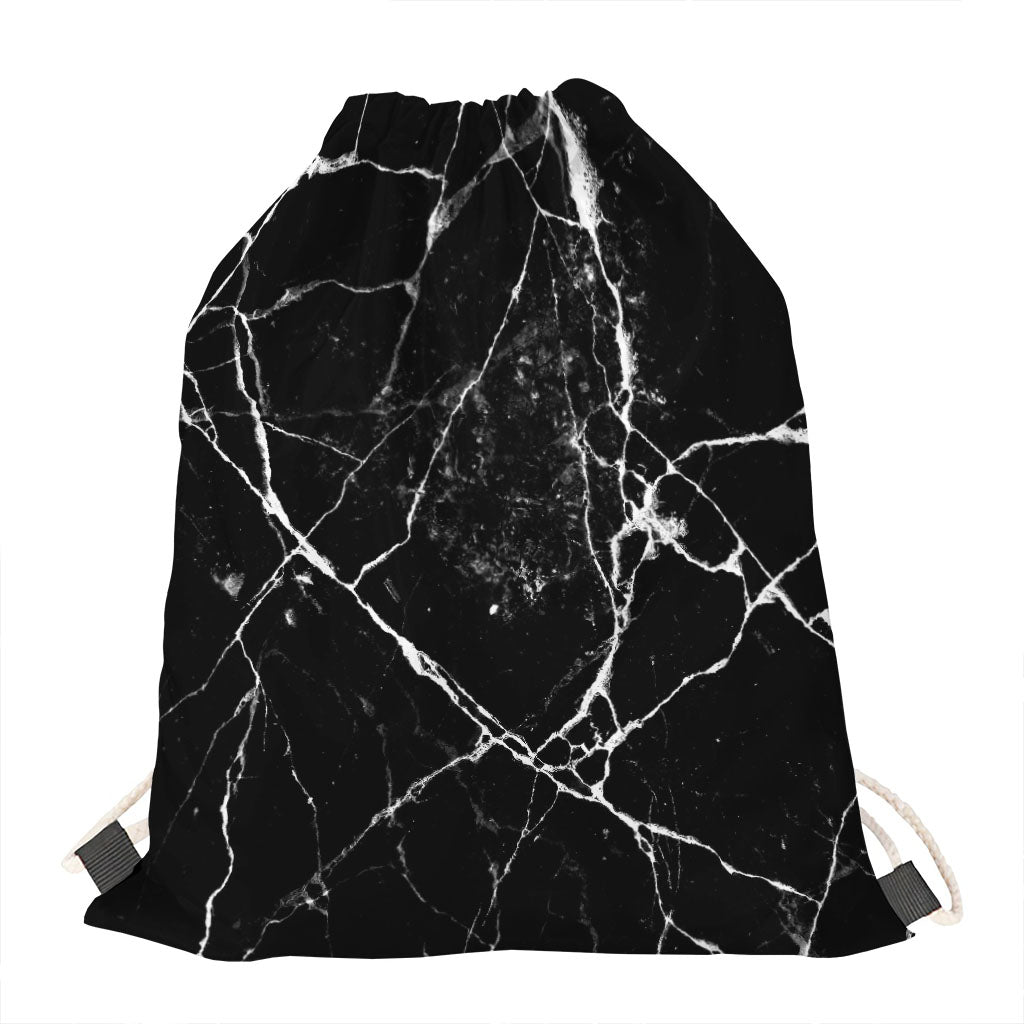 Black White Natural Marble Print Drawstring Bag