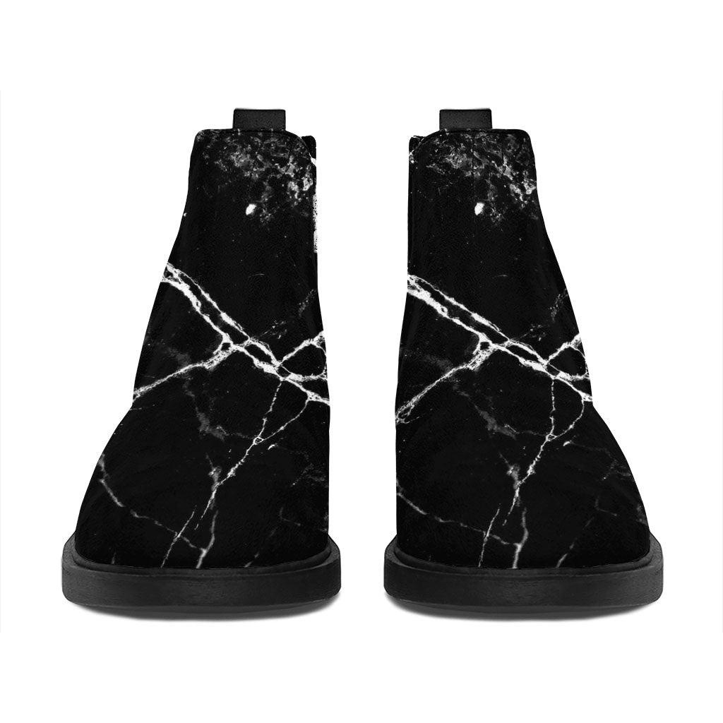 Black White Natural Marble Print Flat Ankle Boots