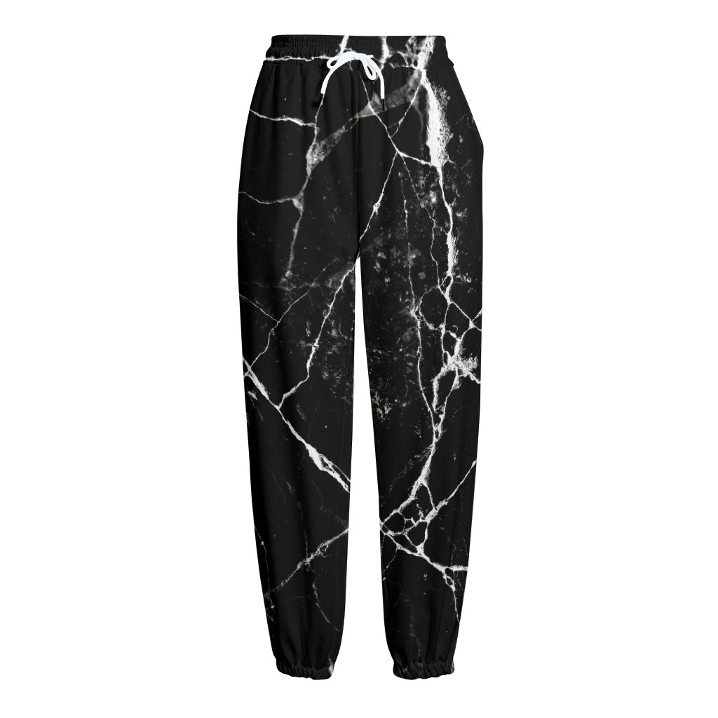 Black White Natural Marble Print Fleece Lined Knit Pants