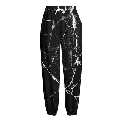 Black White Natural Marble Print Fleece Lined Knit Pants