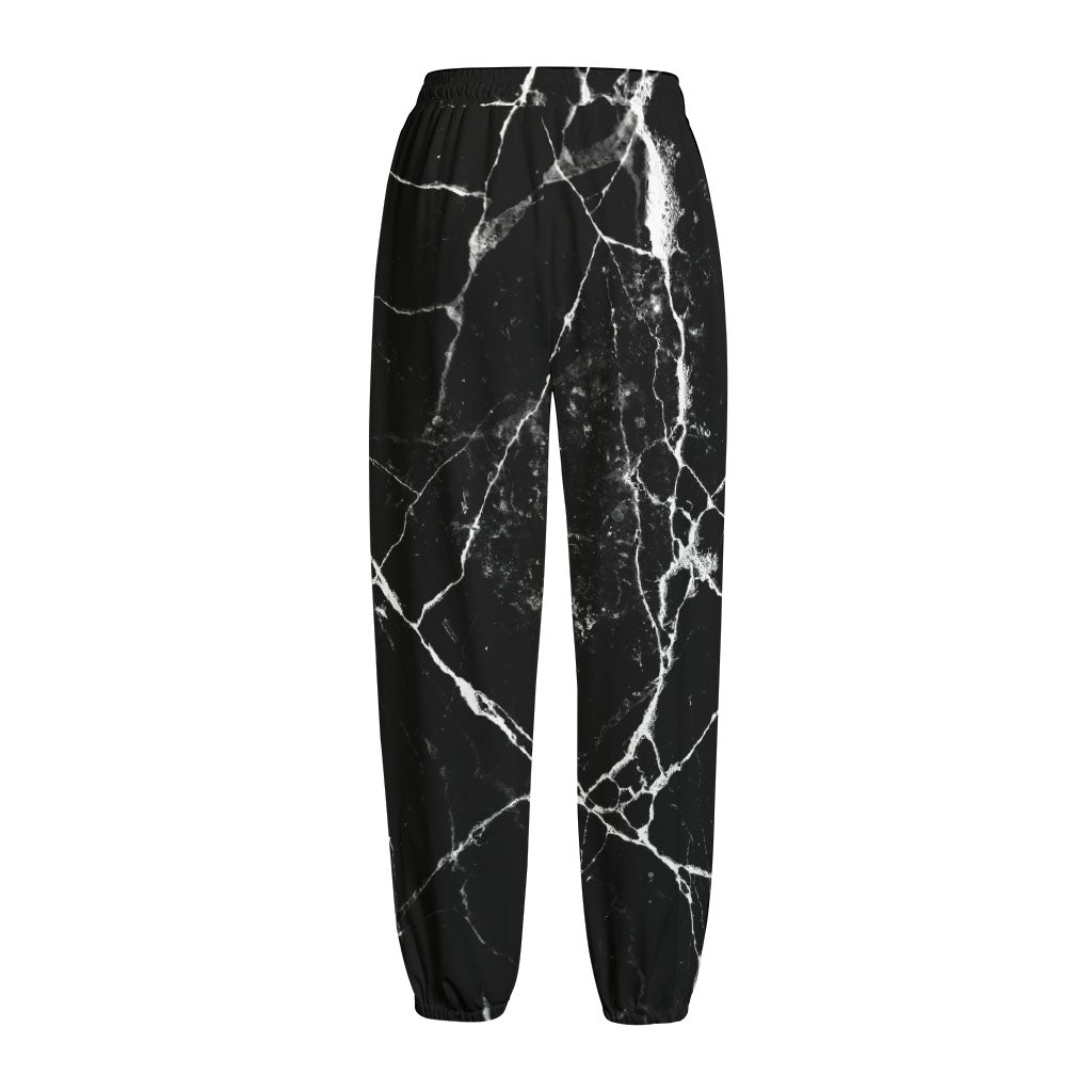 Black White Natural Marble Print Fleece Lined Knit Pants