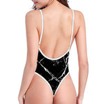 Black White Natural Marble Print High Cut One Piece Swimsuit