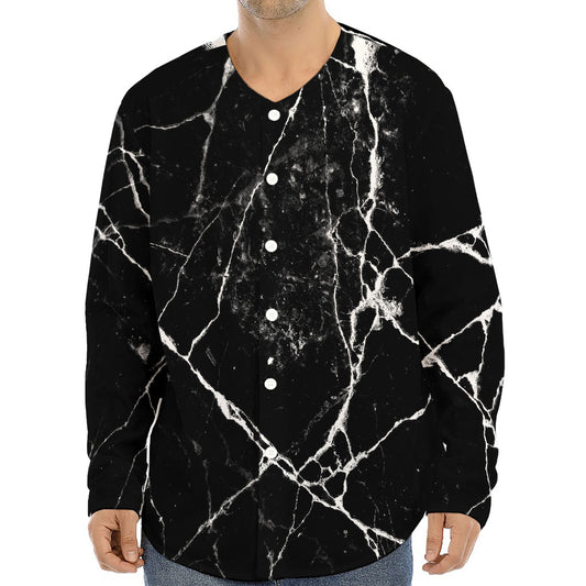 Black White Natural Marble Print Long Sleeve Baseball Jersey