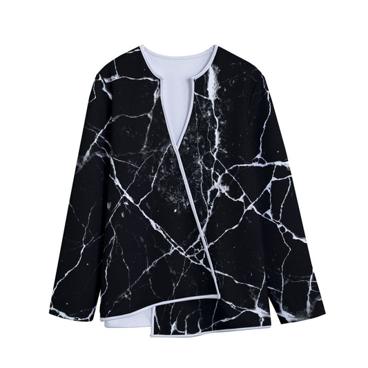 Black White Natural Marble Print Long Sleeve Short Coat