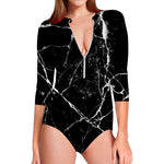 Black White Natural Marble Print Long Sleeve Swimsuit