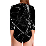 Black White Natural Marble Print Long Sleeve Swimsuit