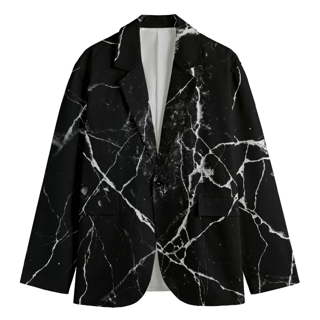 Black White Natural Marble Print Men's Cotton Blazer