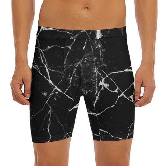 Black White Natural Marble Print Men's Long Boxer Briefs