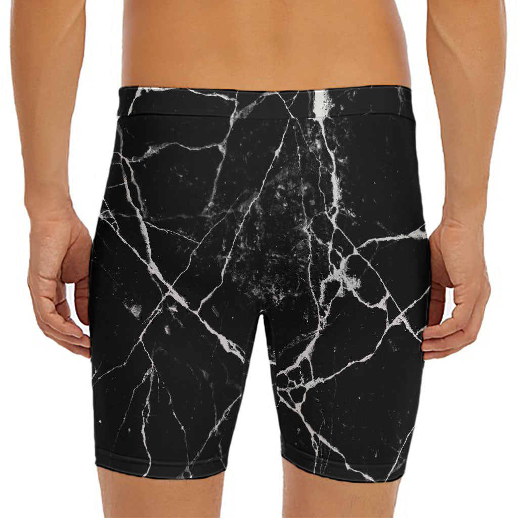 Black White Natural Marble Print Men's Long Boxer Briefs
