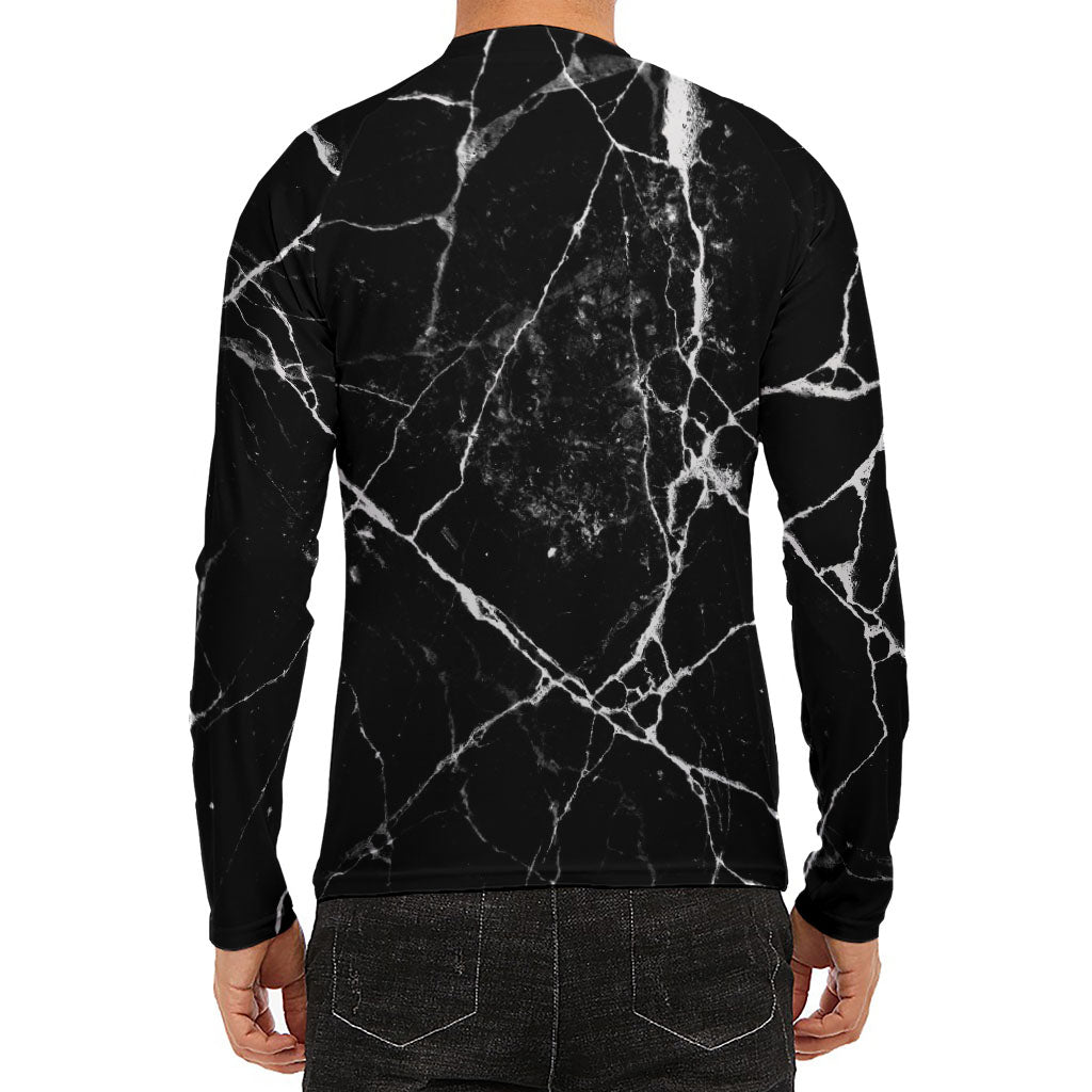 Black White Natural Marble Print Men's Long Sleeve Rash Guard