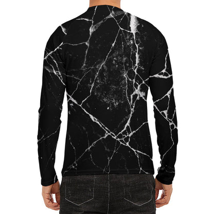 Black White Natural Marble Print Men's Long Sleeve Rash Guard